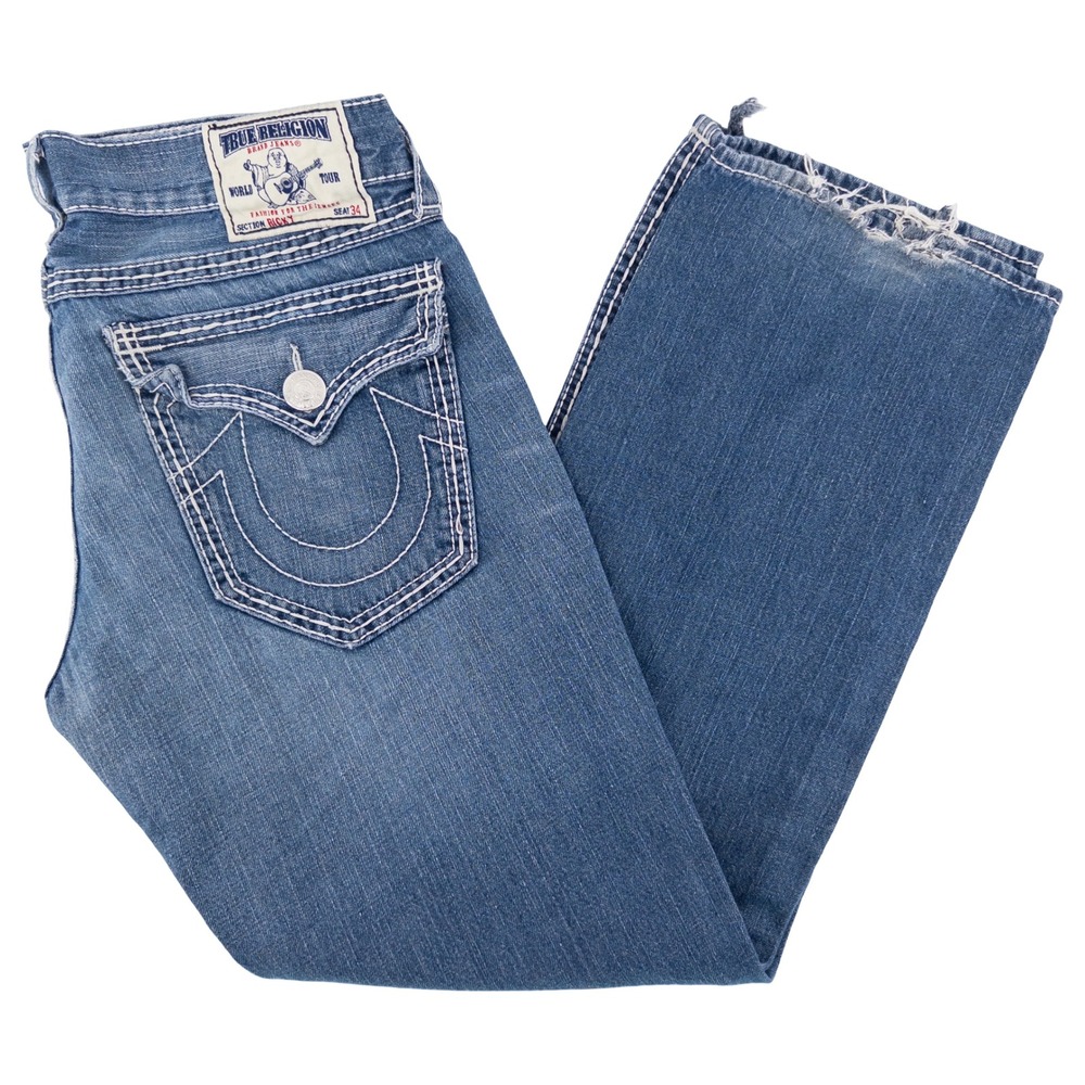 VTG Y2K True Religion Mens 38x33 Ricky Straight Jeans Blue Thick White Stitching